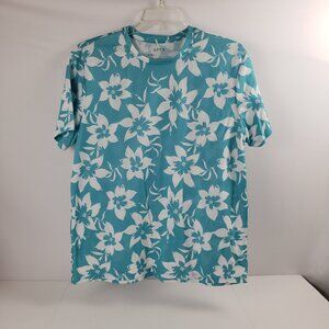 Apt 9 Teal White XL Slim Premier Flex Womens T-Shirt Top Hawaiian Floral Vacay